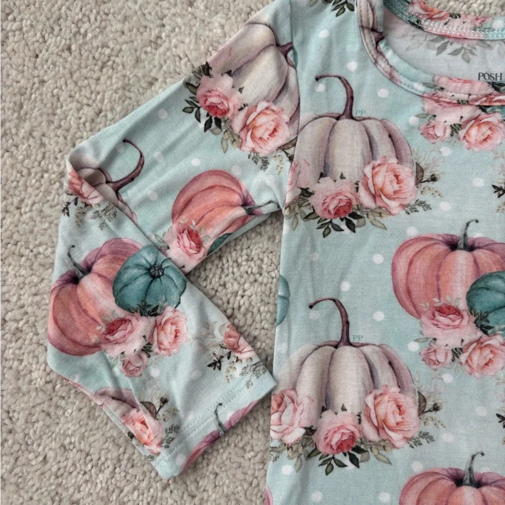 Posh Peanut “Jackie” Pumpkin & Floral Long Sleeve Twirl Bodysuit Dress - Picture 5 of 9